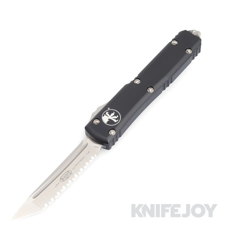 MICROTECH 123-12 Ultratech OTF Auto Stonewash Tanto Full Serrated Blade with Black Aluminum Handles