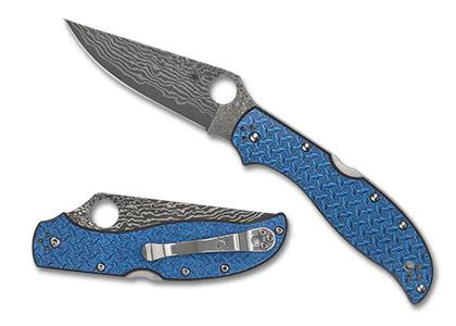 Spyderco C258GFBLP Stretch 2 XL Sprint Run Lock Back Knife Damascus/ VG-10 Core Plain Edge Blade with Blue Nishijin Glass Fiber Handles
