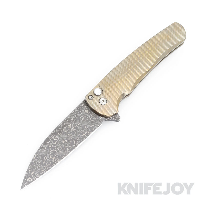 Pro-tech Knives PT-2023.004 Malibu Flipper Vegas Forge Vines&Roses Damascus Wharncliffe Blade with 3D Machined/ Bronze Anodized Titanium Handles/ Pearl Button