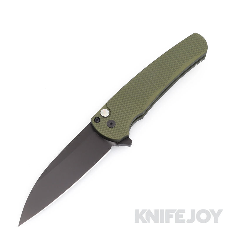 Pro-tech Knives PT-2023TXBSMALIBU Malibu Flipper DLC Black Magnacut Wharncliffe Blade with Green Textured Handles/ Black Lip Pearl Button