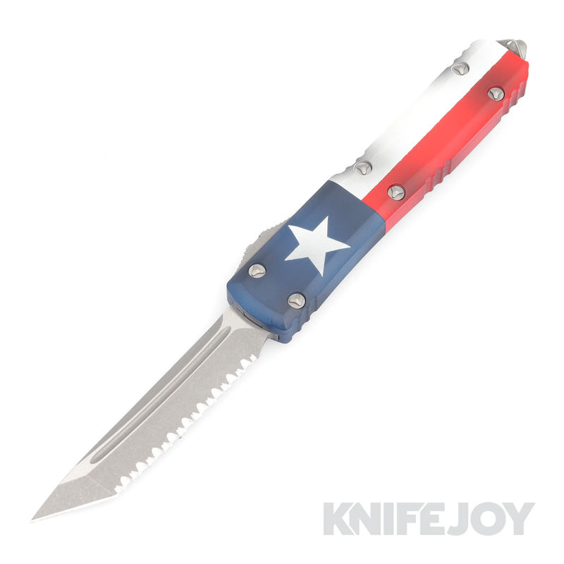 MICROTECH 123-12BSTX Ultratech OTF Auto Signature Series Bladeshow Texas 2023 Tanto Full Serrated Blade with Texas Aluminum Handles