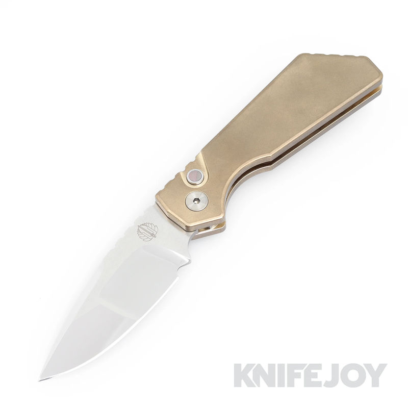 Pro-tech Knives PTStriderPT+.001 Custom Auto Pro-Strider Texas Blade Show 2023 Hand Compound Ground Ground & Mirror Polished By Mike Irie Blade with Stonewash Finished ALBronze Handles/ MOP Button