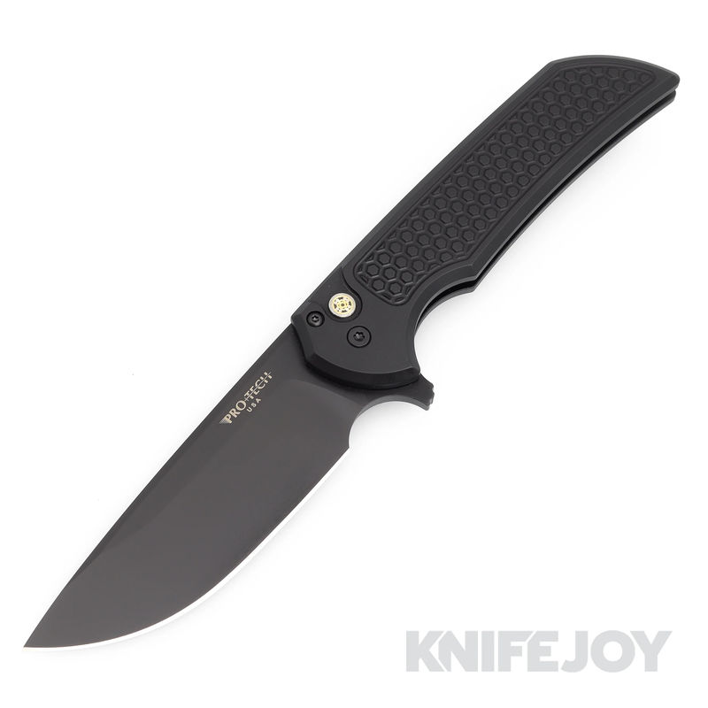 Pro-tech Knives PTMXTXSW23 Mordax Texas Show 2023 Flipper DLC Black Coated Magnacut Blade with Black Honeycomb Textured Handles/ Mosaic Pin Push Button