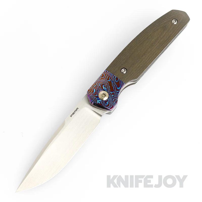 Enrique Pena Custom Front Flipper Caballero Green Linen Micarta Handles and Mokuti Clip/ Bolsters