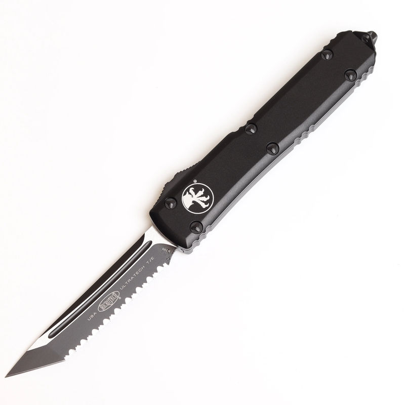 MICROTECH 123-3T Ultratech OTF Auto Tactical Black Tanto Full Serrated Blade with Black Aluminum Handles