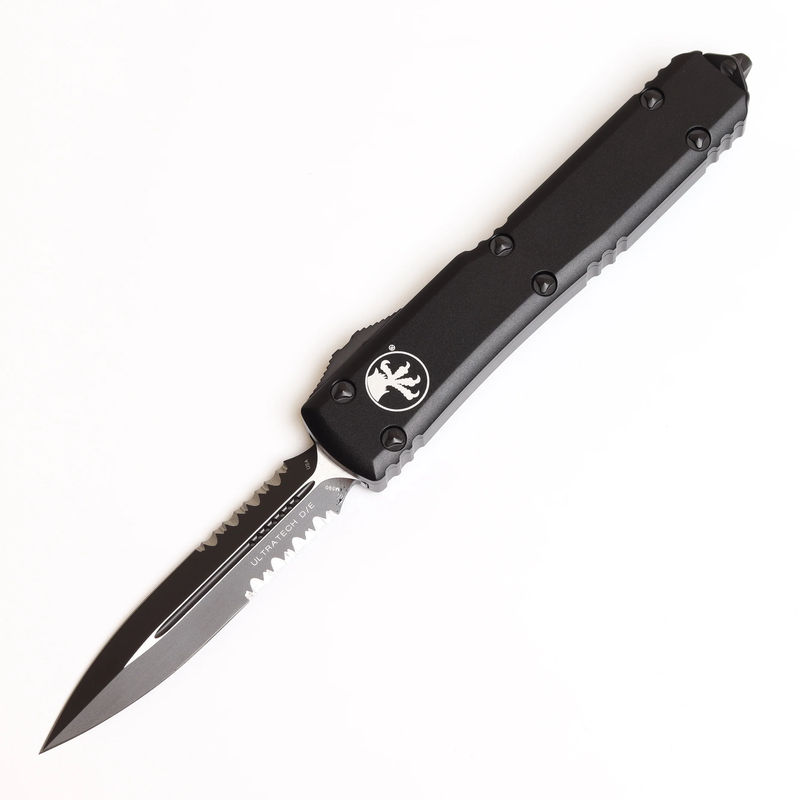 MICROTECH 122-2T Ultratech OTF Auto Double Edge Tactical Black Partially Serrated Blade with Black Aluminum Handles