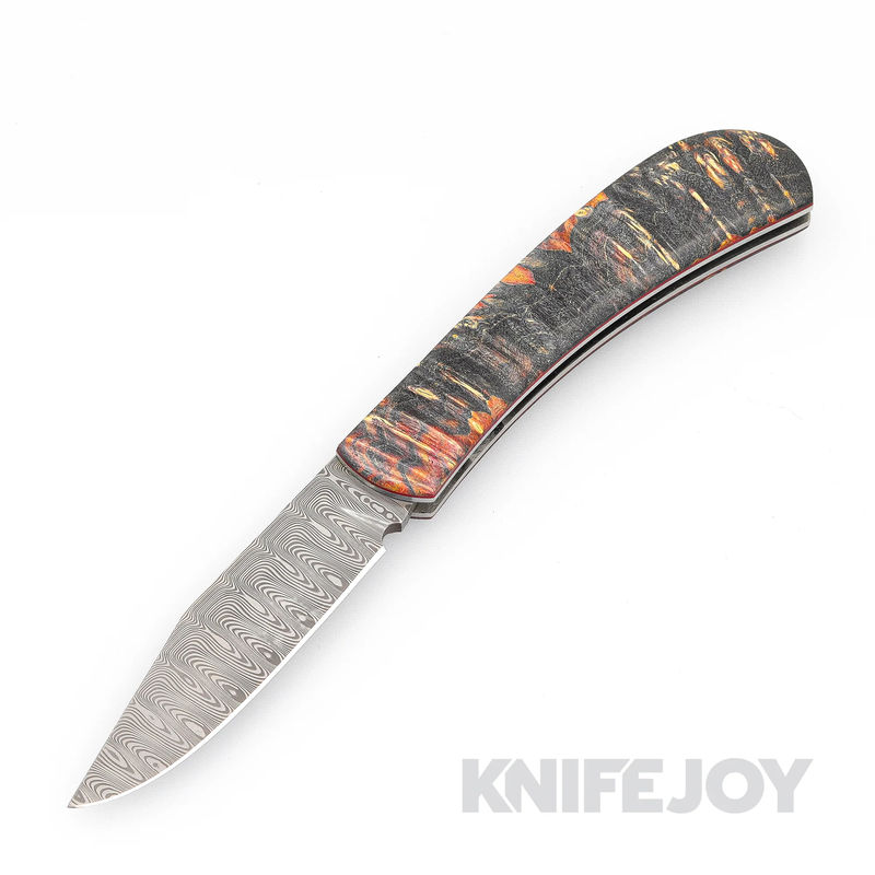 Tinus Stone STONE165 Lanny's Clip Slipjoint Odin's Eye Pattern Damasteel Blade with Dyed Maple Scales/ Red Liners