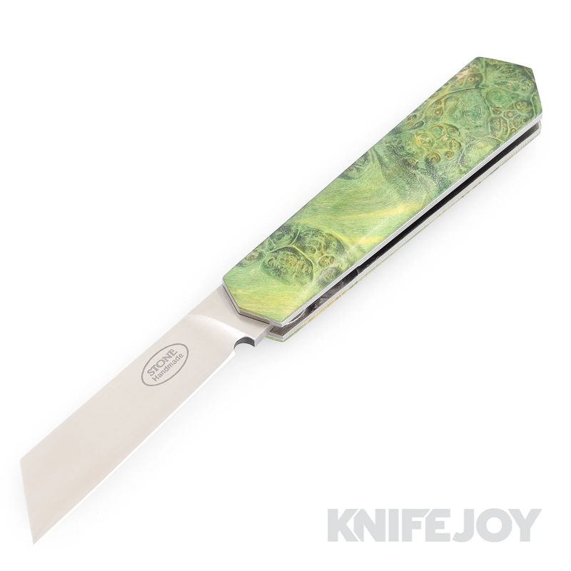 Tinus Stone STONE172 Cyber Barlow Slipjoint Plain Blade with Green Dyed Maple Burl Handles/ White Liners