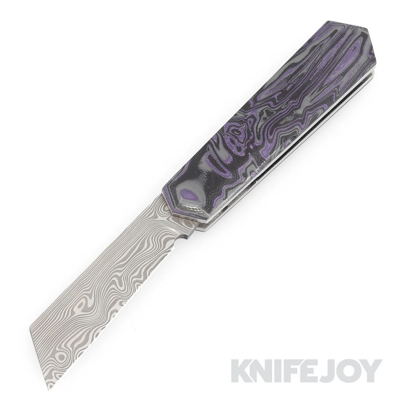 Tinus Stone STONE171 Cyber Barlow Slipjoint Vinland Pattern Damasteel Blade with Purple/ Black Damascus G10 Handles/ White Liners