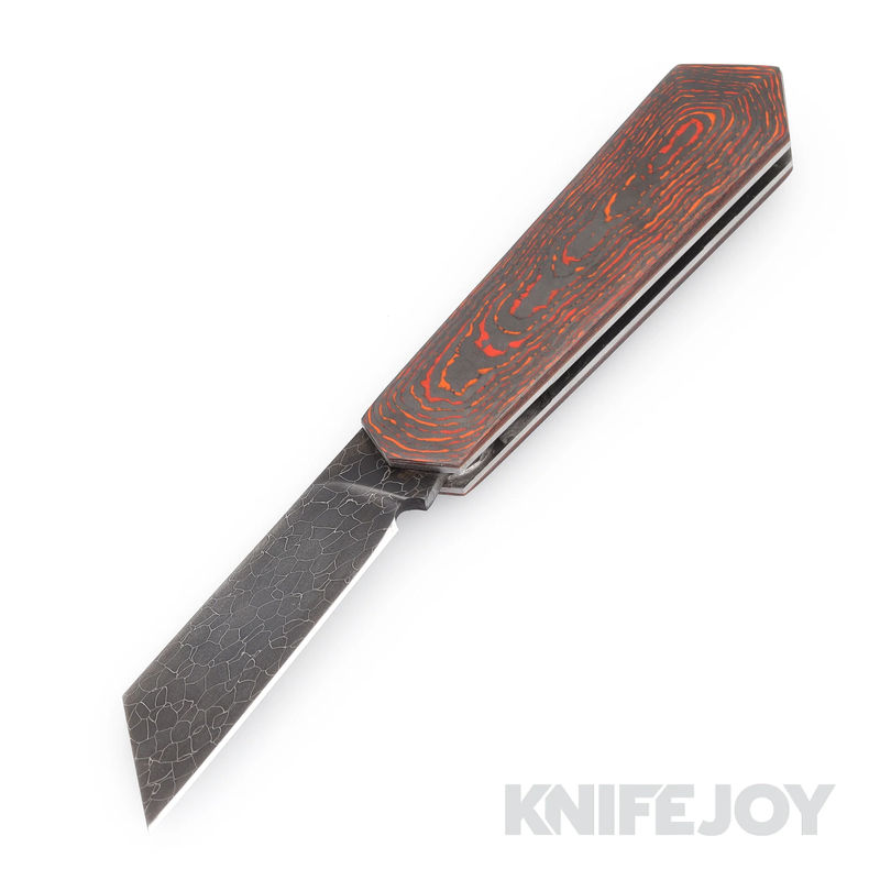 Tinus Stone STONE163 Cyber Barlow Slipjoint Nebula Carbon Damascus Blade with Black/ Orange Fat Carbon Scales/ Orange Liners