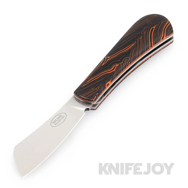 Tinus Stone STONE133 Small Cleaver SlipJoint with Orange/ Black Damascus G10 Handles and Orange Liners