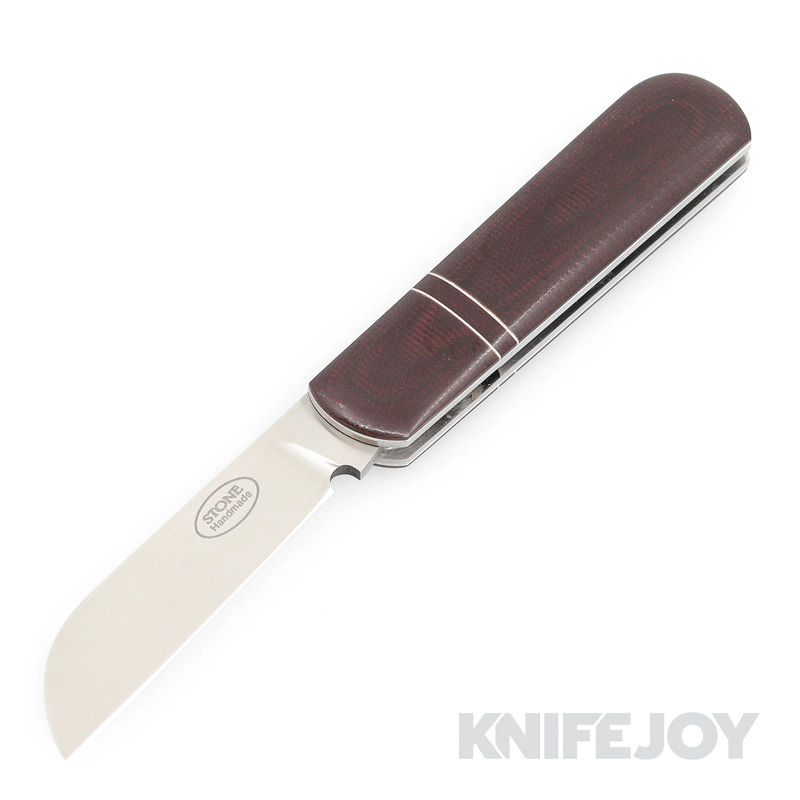 Tinus Stone STONE170 Barlow SlipJoint Plain Blade with Burgundy Linen Micarta Handles/ White Liners and Dividers Liners