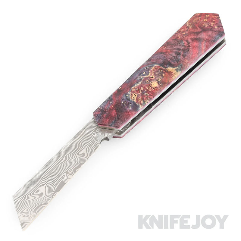 Tinus Stone STONE173 Cyber Barlow Slipjoint Vinland Pattern Damasteel Blade with Dyed Maple Burl Handles/ Pink Liners