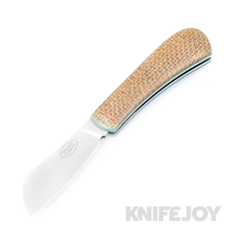 Tinus Stone STONE148 Small Cleaver SlipJoint with Natural Burlap Scales/ Green Liners