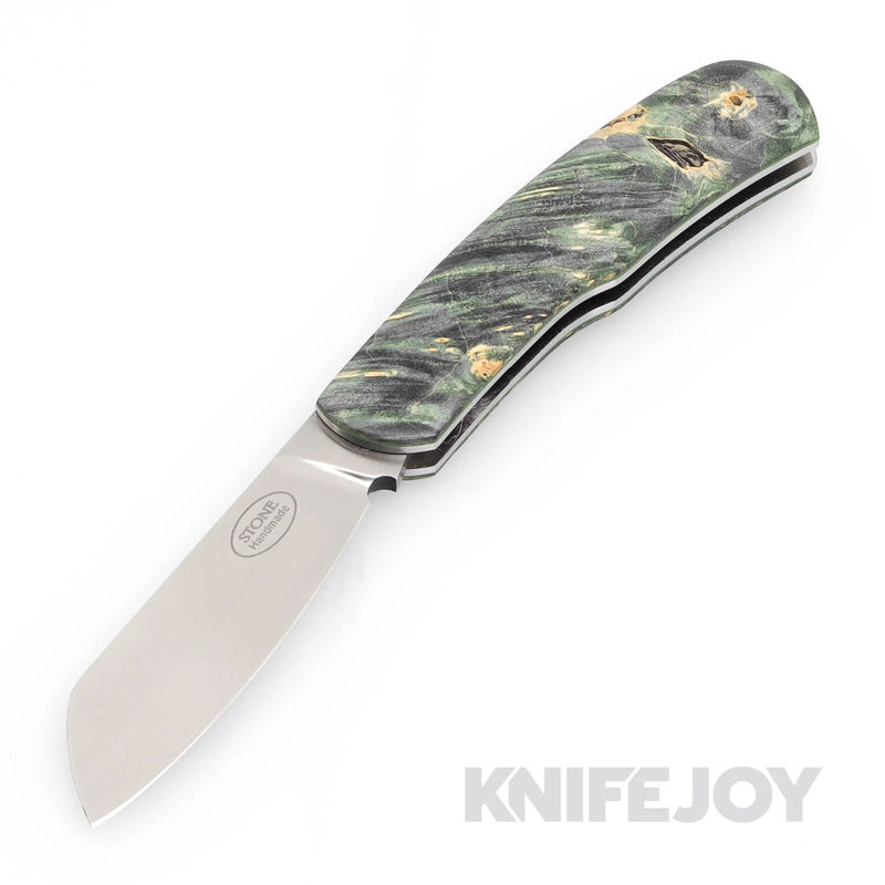 Tinus Stone STONE138 Gunstock Slipjoint with Green Dyed Maple Burl Handles/ Green Liners