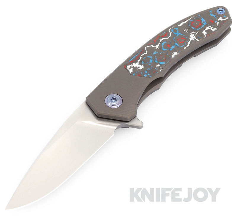 Trevor Burger Custom Knives TBC-DAKARMINI09 DAKAR Mini Flipper Folder Plain Satin Blade with Fat Carbon Fiber Inlay/ Titanium Handles/ Blue Hardware and Clip