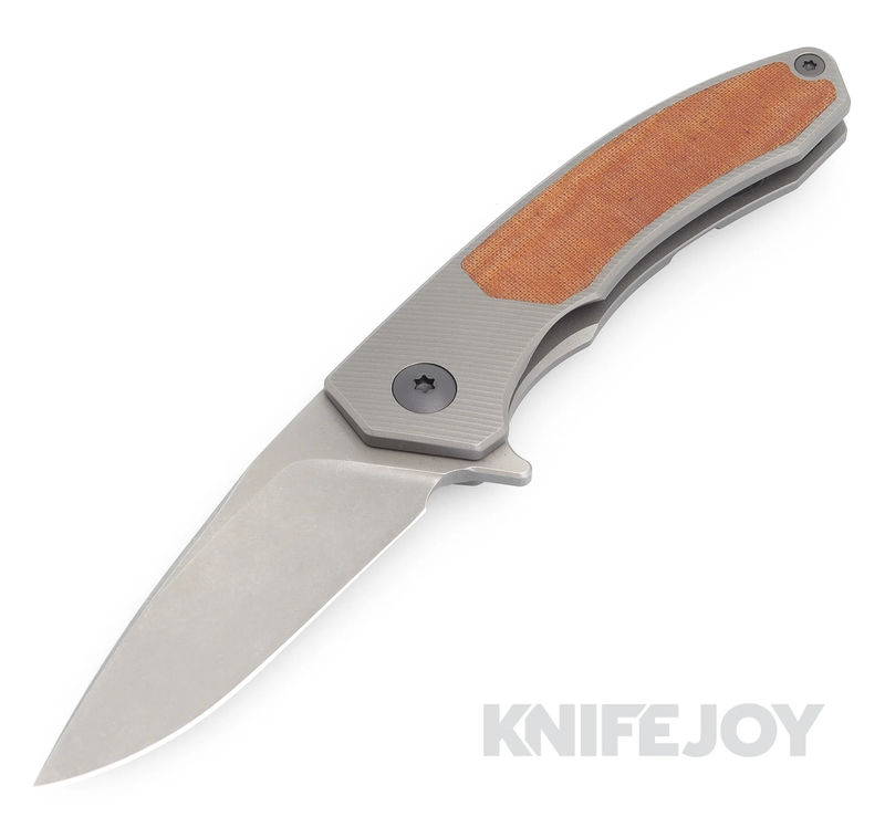 Trevor Burger Custom Knives TBC-DAKARMINI10 DAKAR MINI Flipper Folder Plain Stonewash Blade with Brown Micarta Inlay/ Titanium Handles/ Black Hardware and Clip