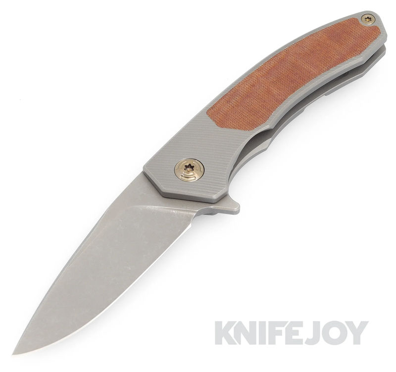 Trevor Burger Custom Knives TBC-DAKARMINI06 DAKAR MINI Flipper Folder Plain Stonewash Blade with Brown Micarta Inlay/ Titanium Handles/ Bronze Hardware and Clip