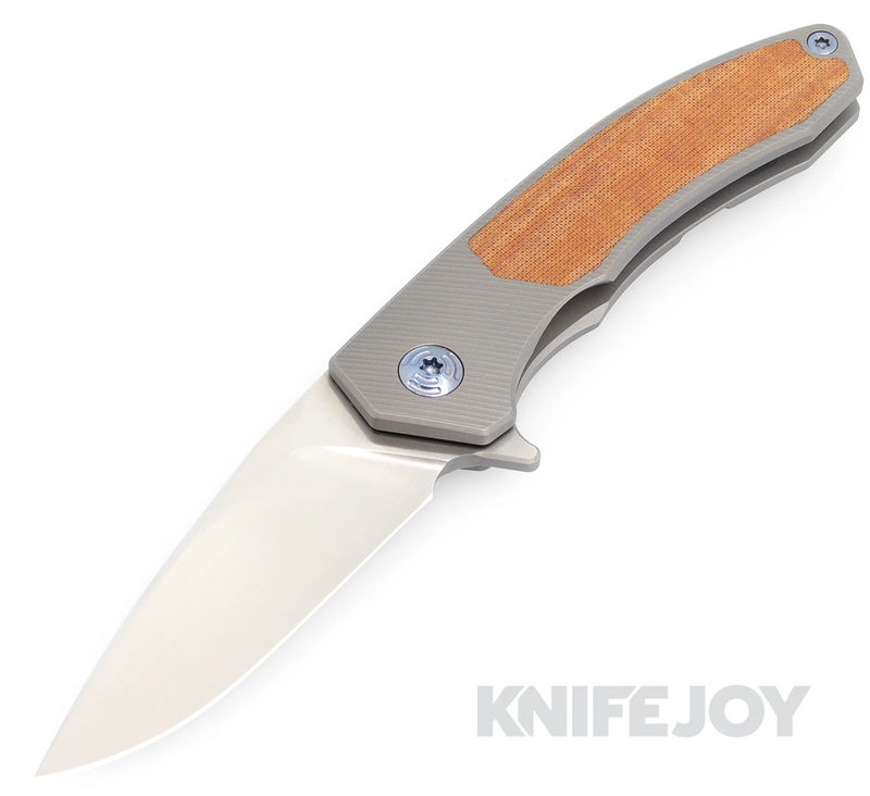 Trevor Burger Custom Knives TBC-DAKARMINI04 DAKAR MINI Flipper Folder Plain Satin Blade with Brown Micarta Inlay/ Titanium Handles/ Blue Hardware and Clip