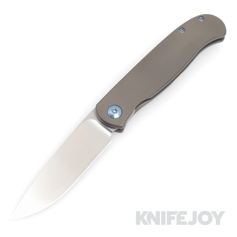 Trevor Burger Custom Knives TBC-ATLAS37 Atlas SFL Drop Point Satin Blade with Smooth Dark Titanium Handles/ Blue Hardware