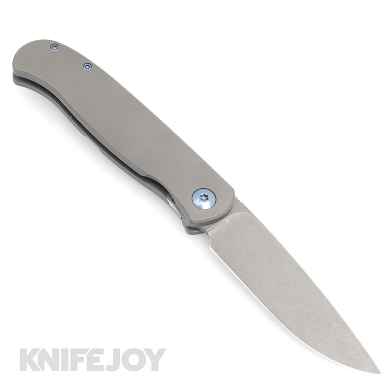 Trevor Burger Custom Knives TBC-ATLAS31 Atlas LEFTY SFL Drop Point Stonewash Blade with Smooth Titanium Handles/ Blue Hardware