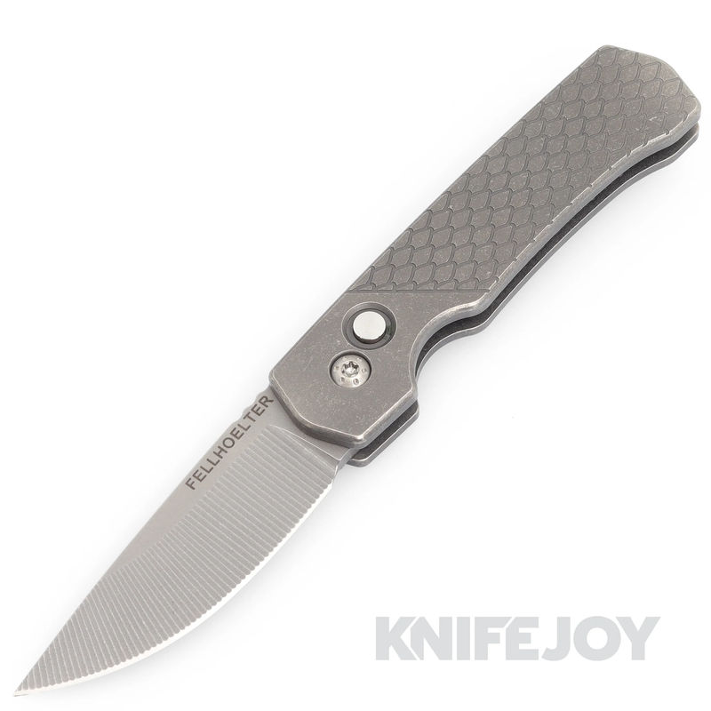 Fellhoelter Ridgeline Auto Knife Engraved Magnacut Blade with Engraved Dragon Scale Titanium Scales