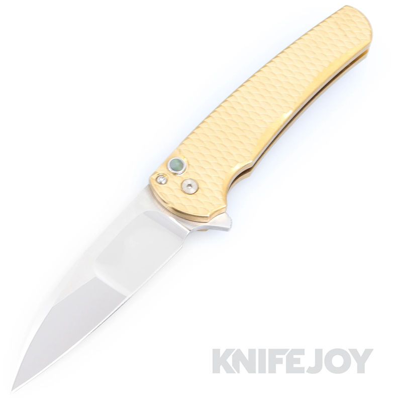 Pro-Tech Knives Malibu Custom.018 Mike Irie Compound Mirror Reverse Tanto Blade with AlBronze Handles/ Abalone Push Button/ Satin Hardware/ Polished Clip