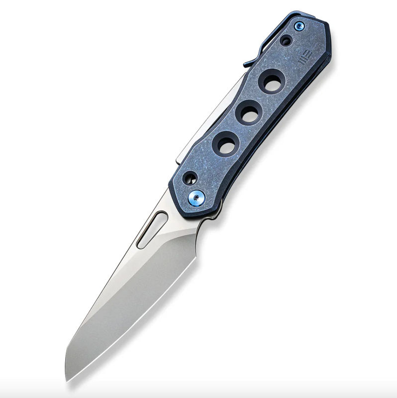 We Knife- 21031-3 Vision R Superlock Folding Knife Silver Bead Blasted Reverse Tanto Blade with Blue Stonewash Titanium Handles