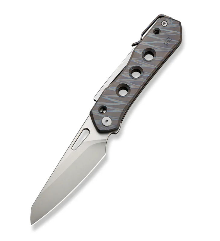 We Knife - 21031-6 Vision R Superlock Folding Knife Silver Bead Blasted Reverse Tanto Blade with Tiger Stripe Pattern Flamed Titanium Handles