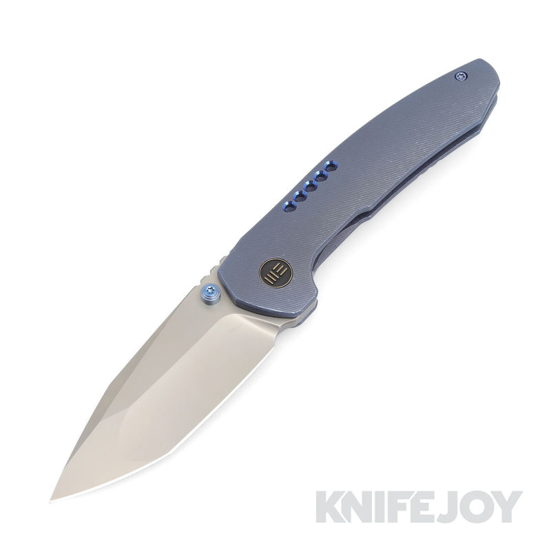 We Knife - 22002B-1 Trogon Thumb Stud Silver Bead Blasted Blade with Blue Titanium Handles