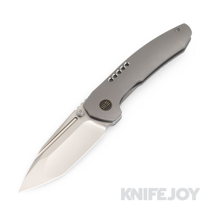 We Knife - 22002-1 Trogon Thumb Stud Silver Bead Blasted Blade with Gray Titanium Handles