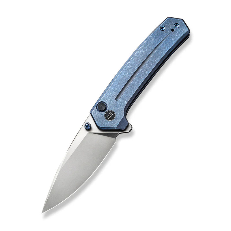 We Knife - 21026B-2 Culex Thumb Stud Flipper/ Button Lock- Blue Stonewashed Drop Point Blade with Black Titanium Handles
