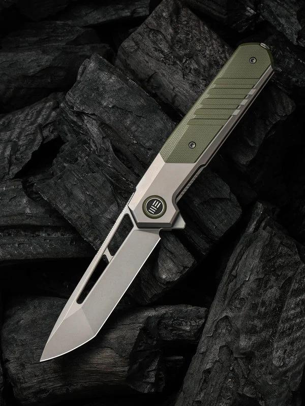 We Knife - 20073-1 Arsenal Frame Lock Stonewash Blade with Gray Ti Handle/ OD Green G10 Spacer