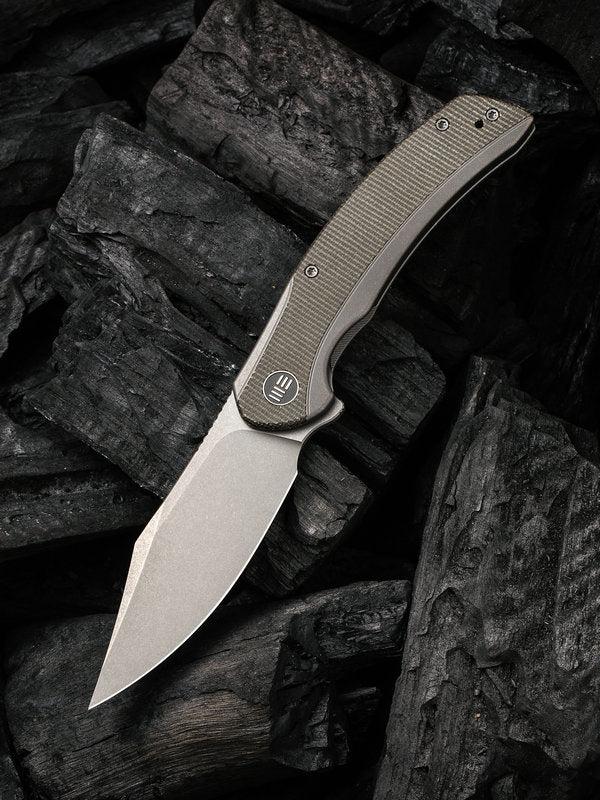 We Knife - 19022F-5 Snick Frame Lock Gray SW Blade with Gray Ti Handles/Dark Green Micarta Inlay