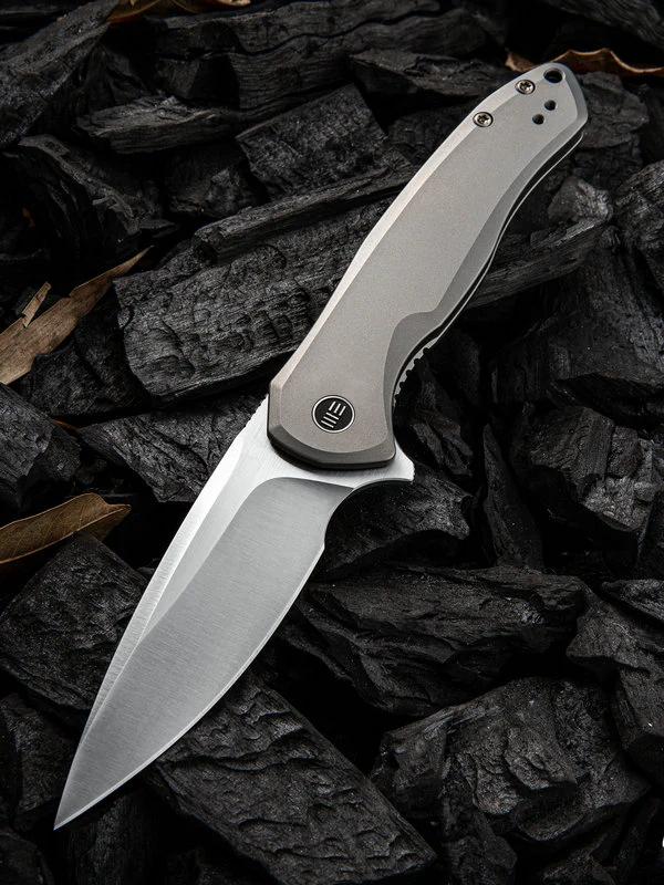 We Knives Kitefin Folding Knife 2001H Gray Titanium Handles with Satin Finish Blade