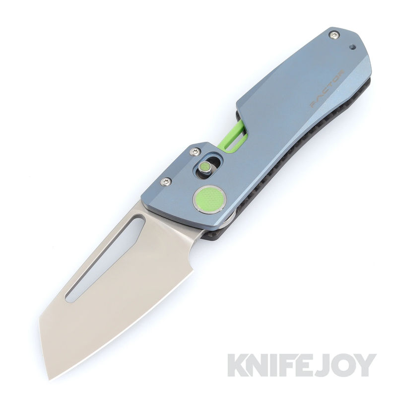 WINTERBLADE Co. Factor Folding Knife Satin Blade with Stonewashed Blue Titanium Handles/ Lime Green Accents