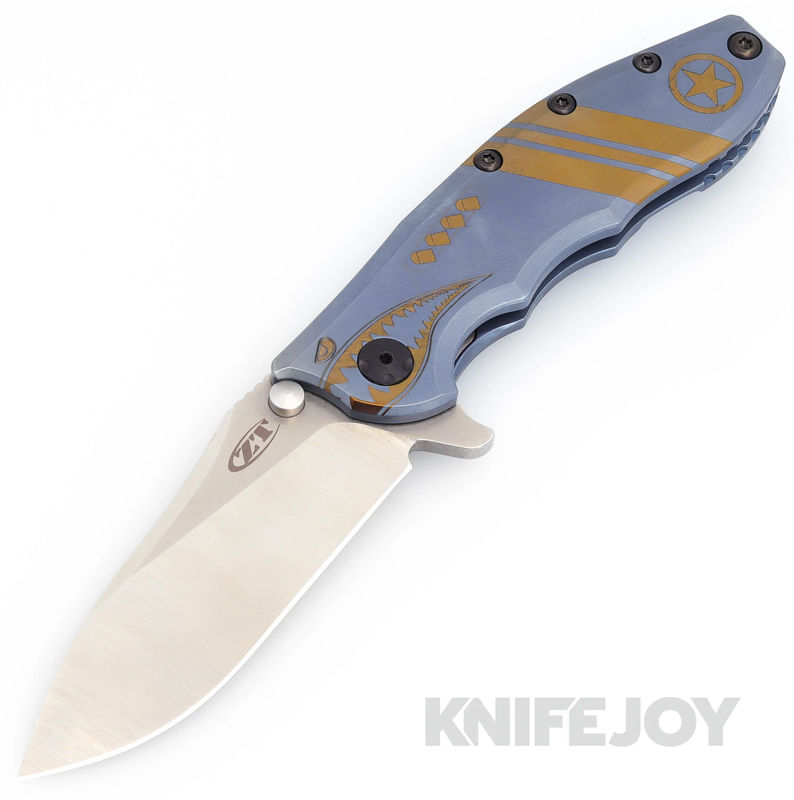 Zero Tolerance ZT 0562TI Rick Hinderer Design CPM-20CV Stonewash/ Satin Grinds Blade with BoatRight Customs Engraved Flying Tiger Blue/ Bronze Anodized Titanium Handles