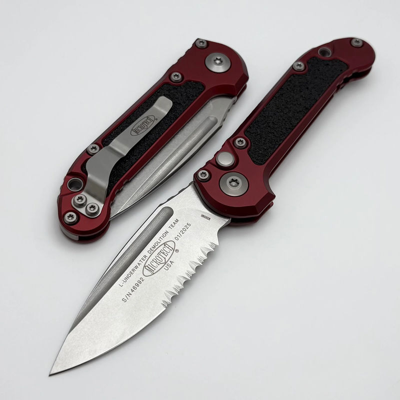 Microtech Knives LUDT Gen III Stonewash Partial Serrated Drop Point w/ Merlot Handle 1135-11MR