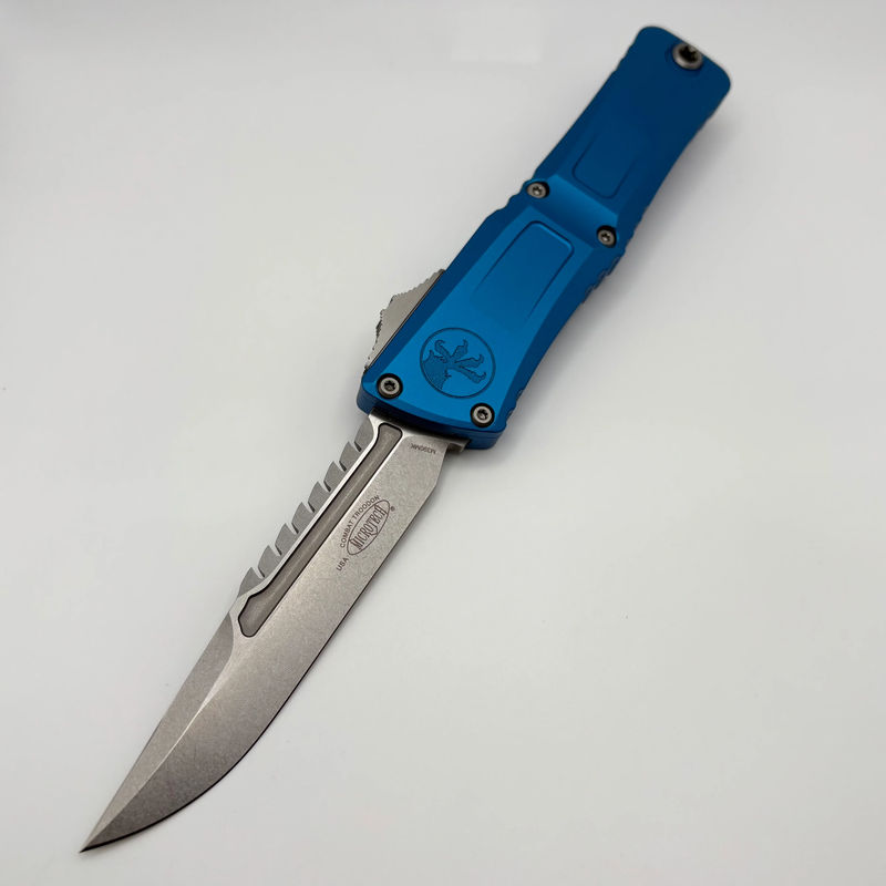 Pre-Owned Microtech Knives Combat Troodon Gen III Stonewash Interceptor w/ Blue Handle Signature Series 1217-10BLS