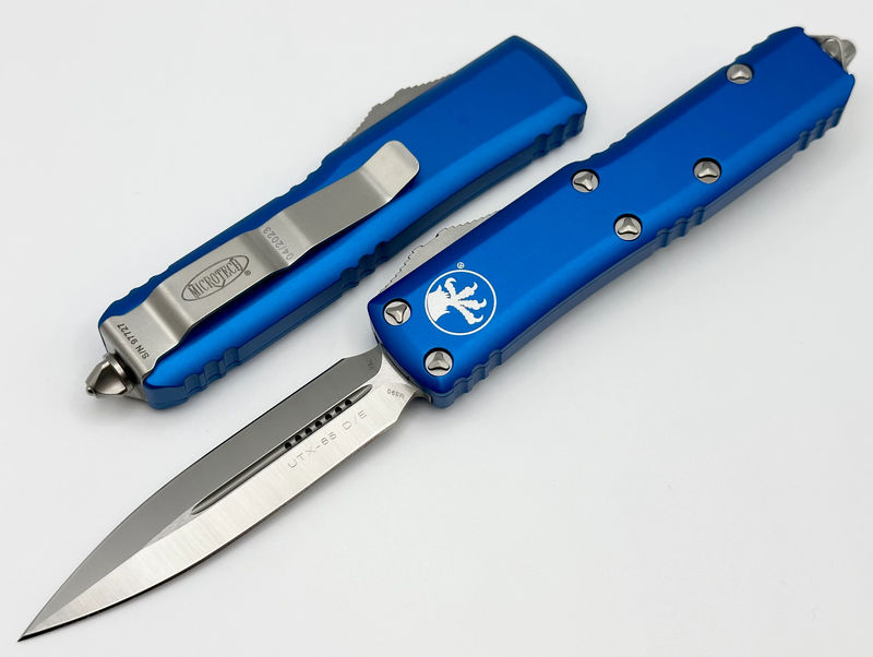 Microtech UTX-85 Double Edge Satin Standard & Blue 232-4BL