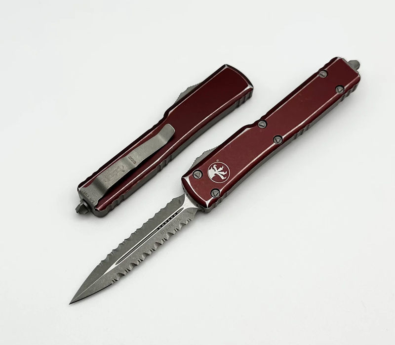 Microtech UTX-70 Double Edge Double Fully Serrated Apocalyptic & Distressed Merlot 147-D12DMR