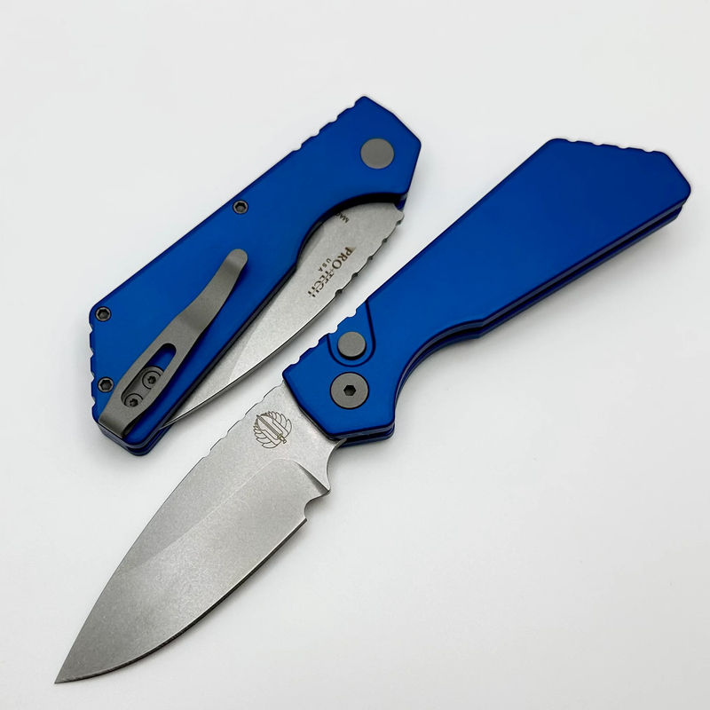 Discontinued Pro-Tech PT Plus Blue Aluminum Handle w/ Blasted Hardware & Stonewash MagnaCut Blade PT201-BLUE