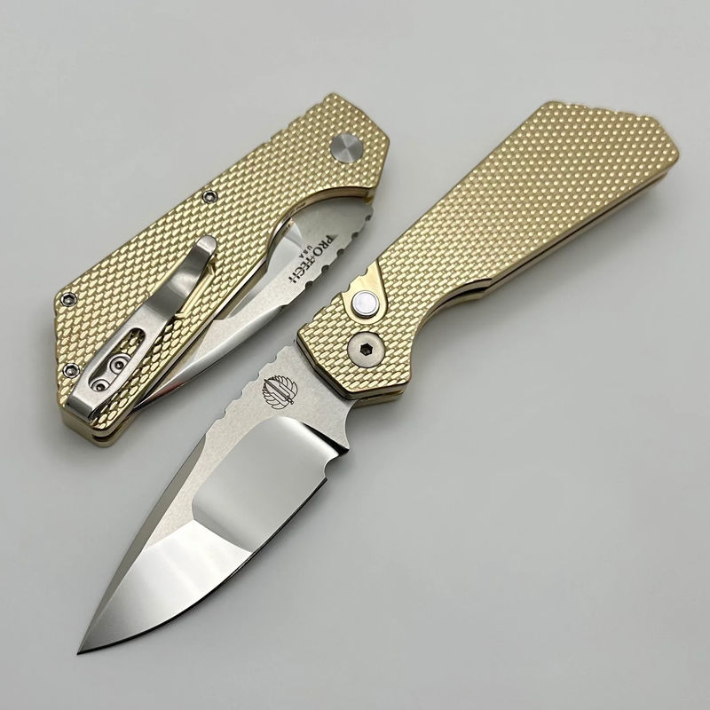 Discontinued Pro-Tech PT Plus Textured ALBronze Handle w/ Pearl Button & Hand Mirrored Compound Mike Irie Blade 2024 PT+ Custom 005 - Choose your serial number:51