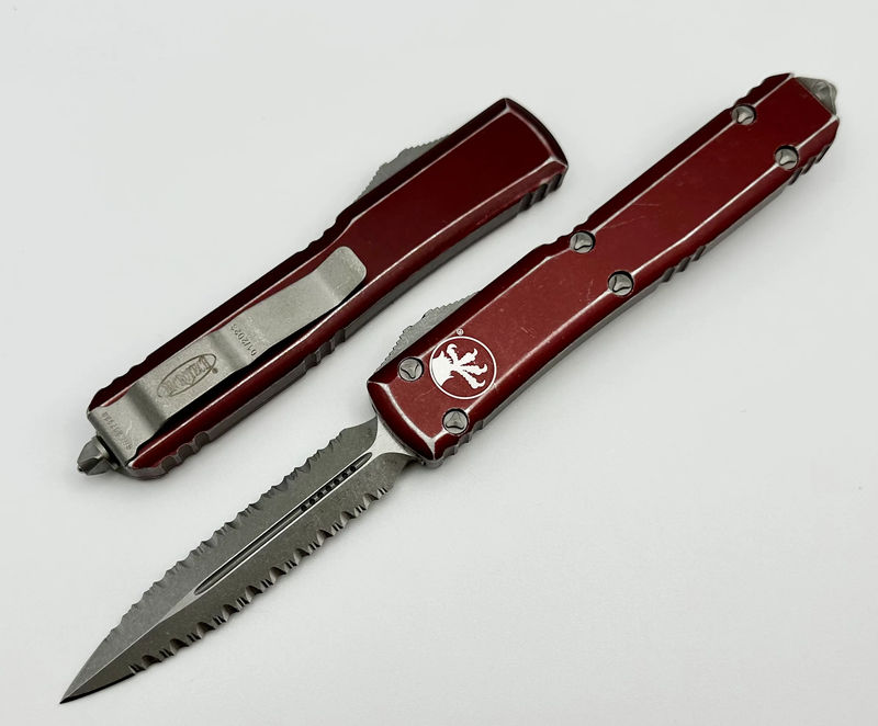 Microtech Ultratech Double Edge Double Full Serrated Apocalyptic & Distressed Merlot 122-D12DMR