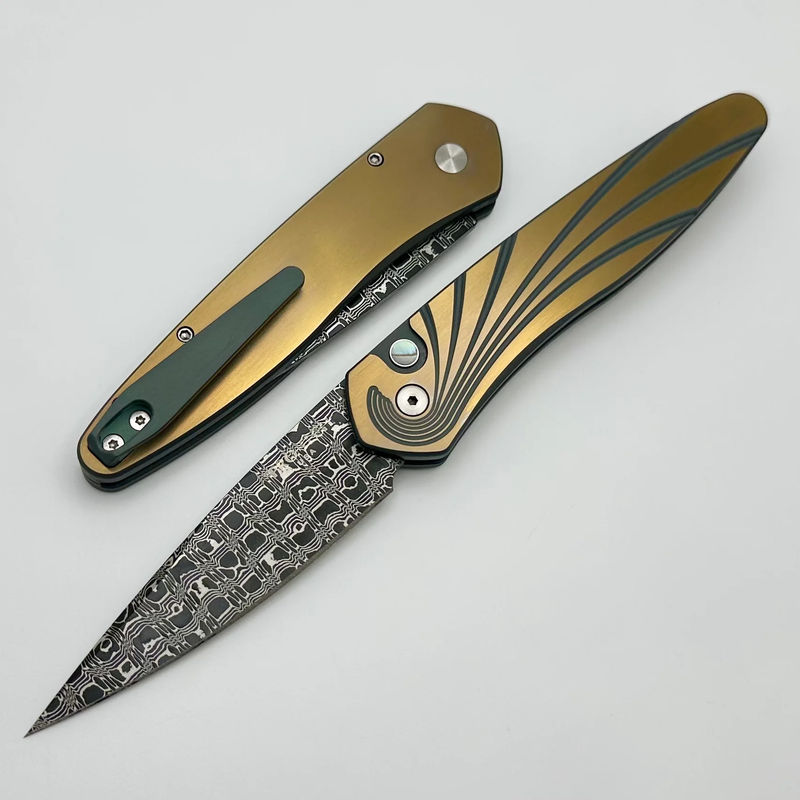 Pro-Tech Newport 2 Tone Green/Bronze Milled Ti w/ Abalone Button & Damascus 2024 Custom 001 - Choose your serial number:007