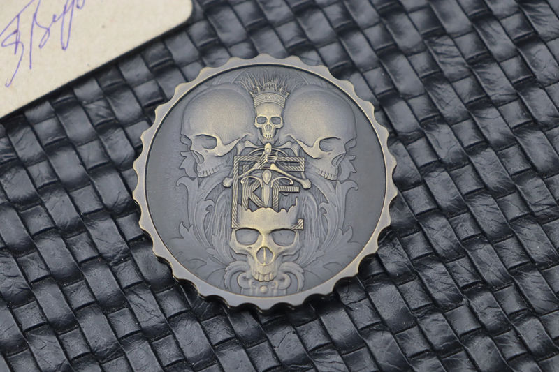 Custom Knife Factory Skull & Axe Titanium Engraved Coin #017