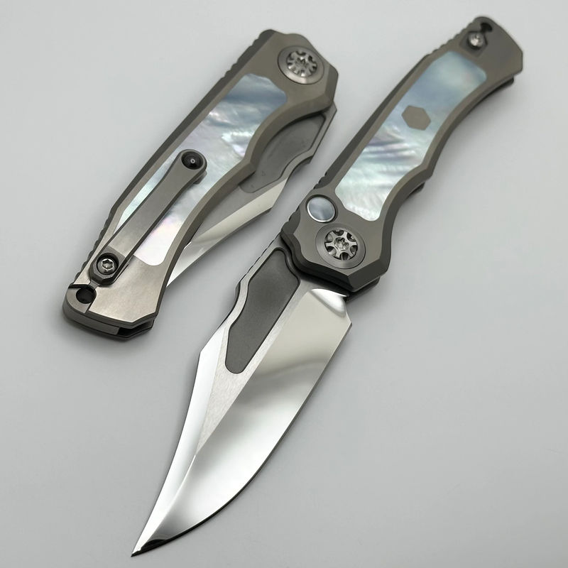 Heretic Knives Custom Wraith Auto V4 w/ Mother of Pearl Inlays & Hand Ground Mirror M390 Bowie Blade - Choose your serial number:014