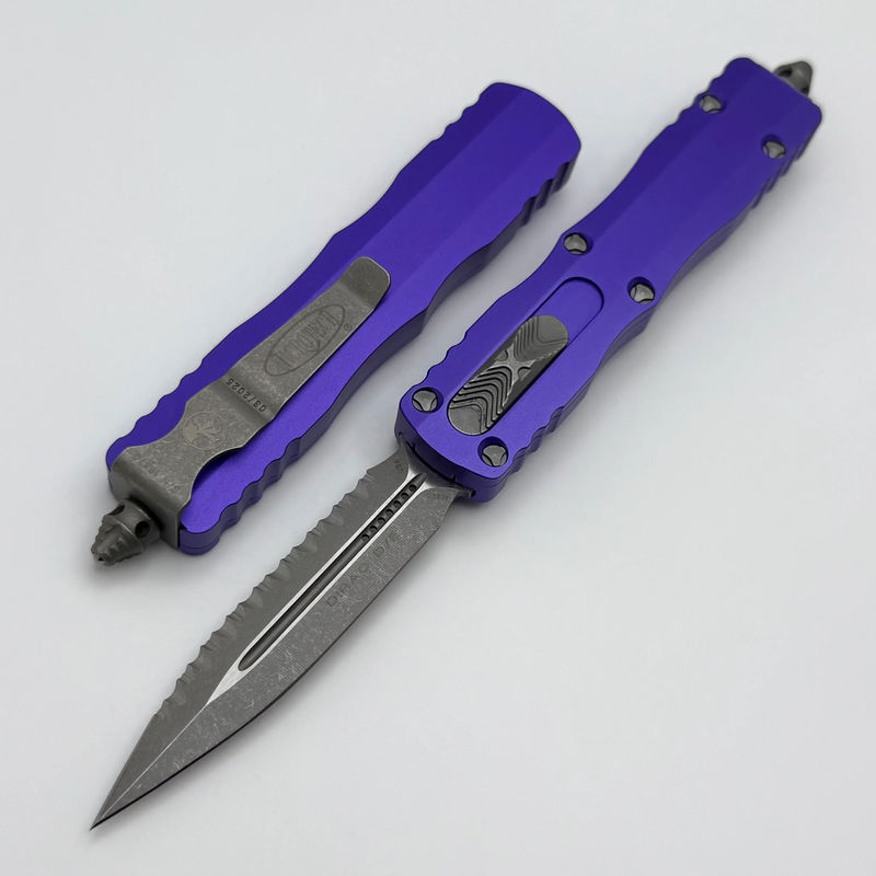 Microtech Dirac Double Edge Apocalyptic Full Serrated & Purple Handle 225-12APPU