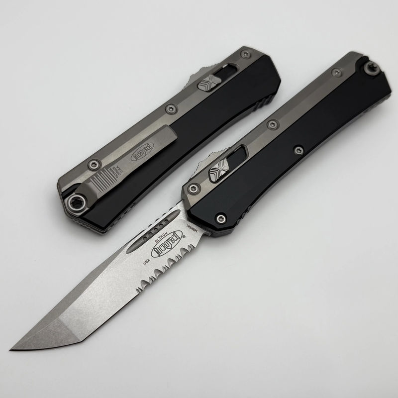 Microtech Glykon Stonewash Standard Tanto Partial Serrated w/ Bead Blast Overlay 185-11