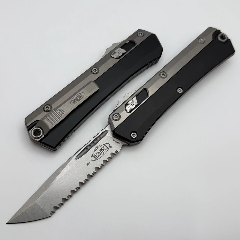 Microtech Glykon Stonewash Standard Tanto Full Serrated w/ Bead Blast Overlay 185-12